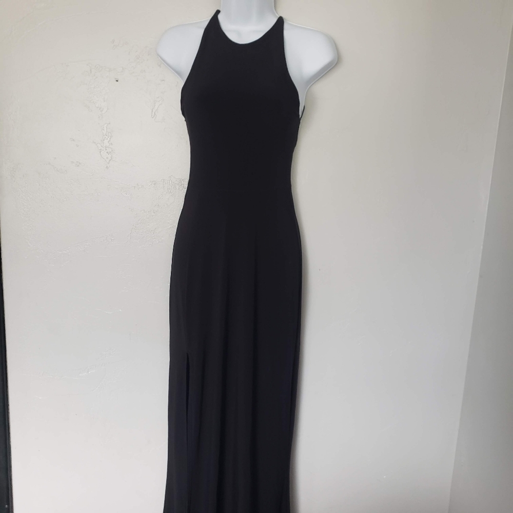 Missguided Size 8 Black Maxi Dress Formal Gown X Open Back Side Slit Slinky Long